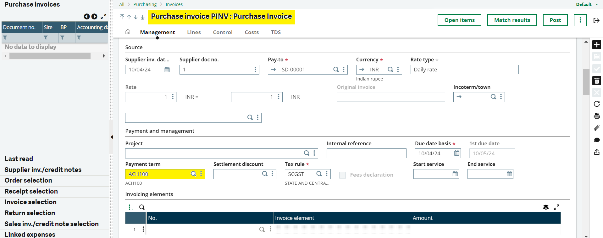 Creation of Purchase Invoice