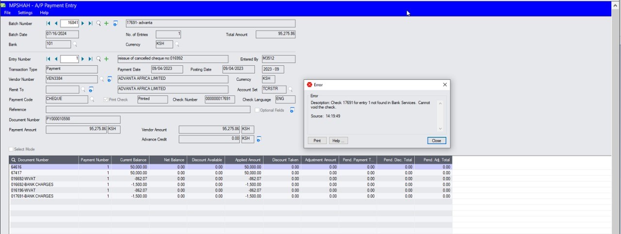 Error check in bank services